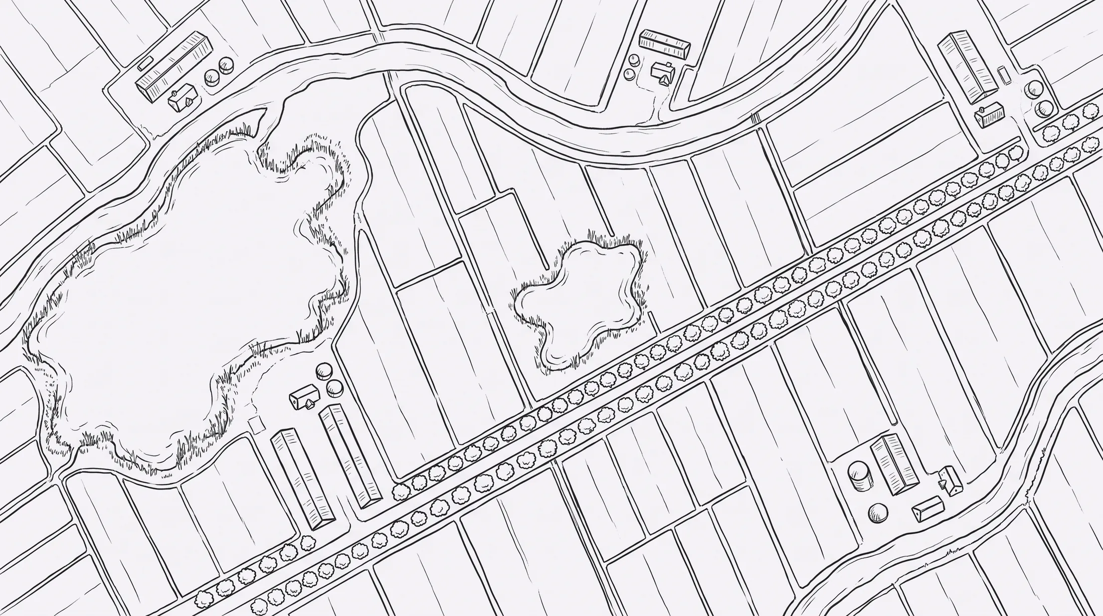 Getekende kaart van een polder van bovenaf, met een meer, een plas, sloten, rivieren en vijf erven