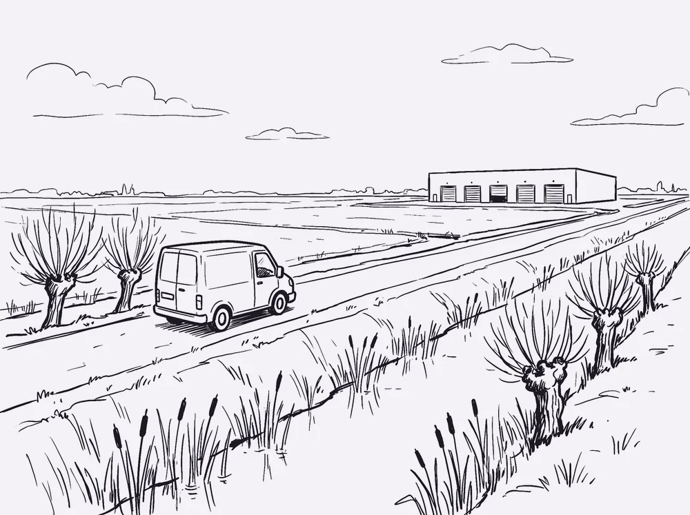 De bestelbus rijdt over een polderdijk naar het sorteercentrum