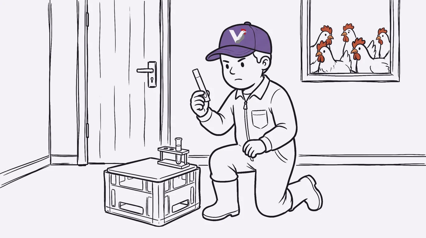 De knecht zit geknield bij het kratje met de testkit en leest de strip af, door het raampje kijken bezorgde kippen mee